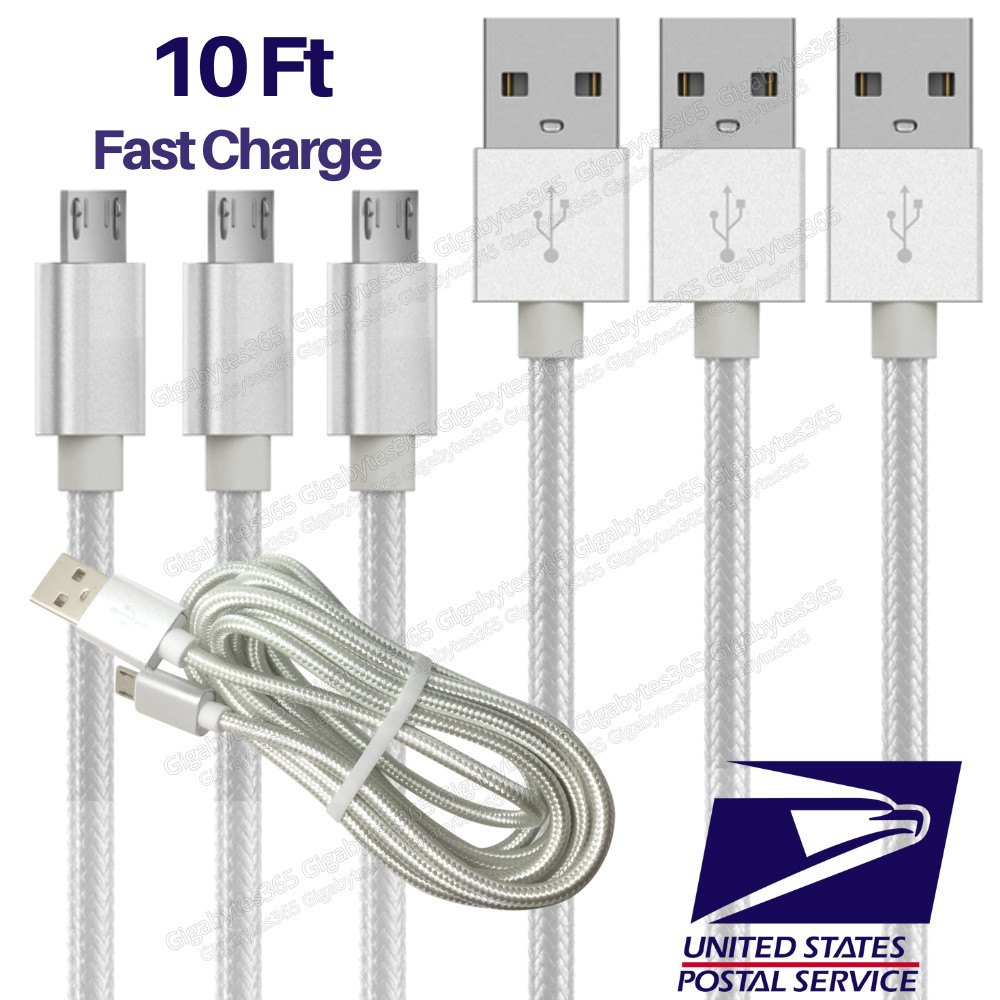 3 PACK 10Ft Extra Long Micro USB Cable Fast Charge Android Charger Charging Cord