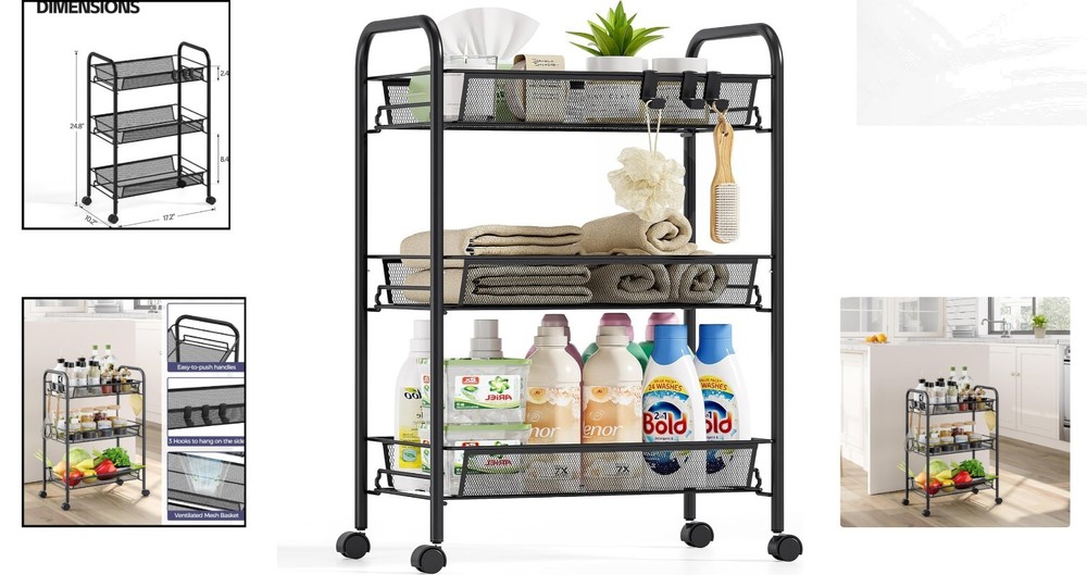 Versatile 3-Tier Rolling Utility Trolley - Space-Efficient Organizer with Hooks