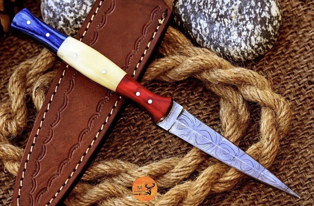 Handmade Damascus Dagger Double Edge Combat Boot Knife Full Tang Flag Handle