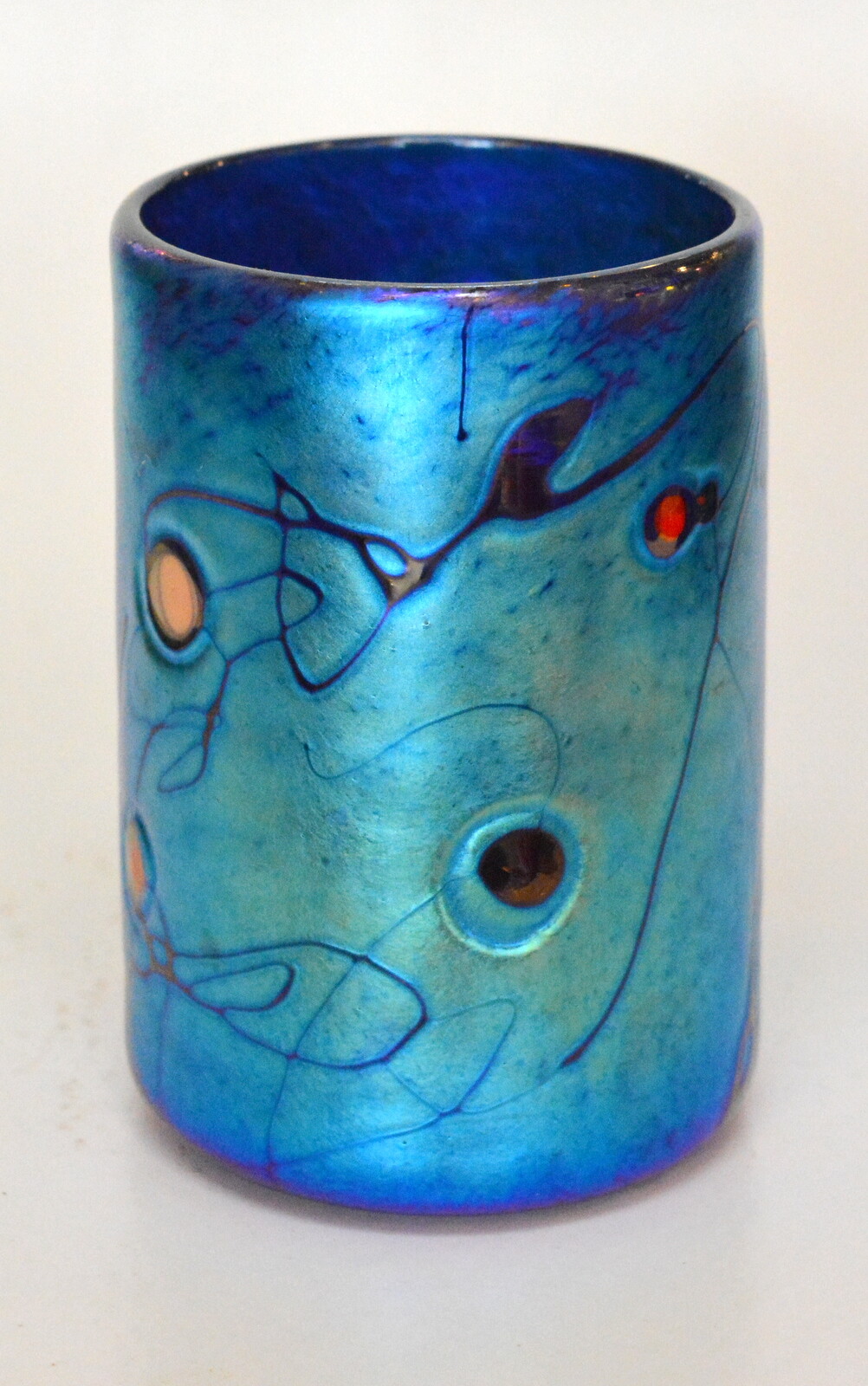 Blue Aurene Drinking Glass With Millefiori Design. Blown Glass
