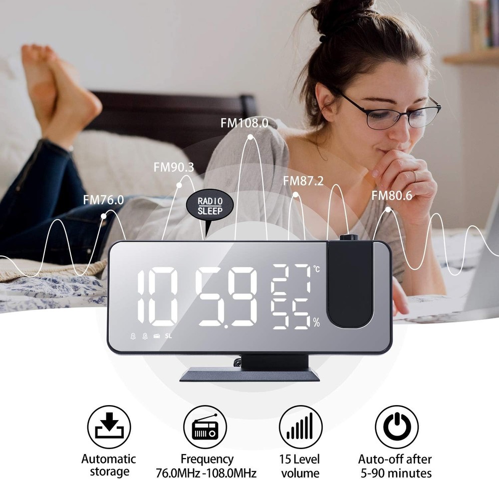Stylish Black 7.3'' Projection Alarm Clock with Sleep Timer & Brightness Control