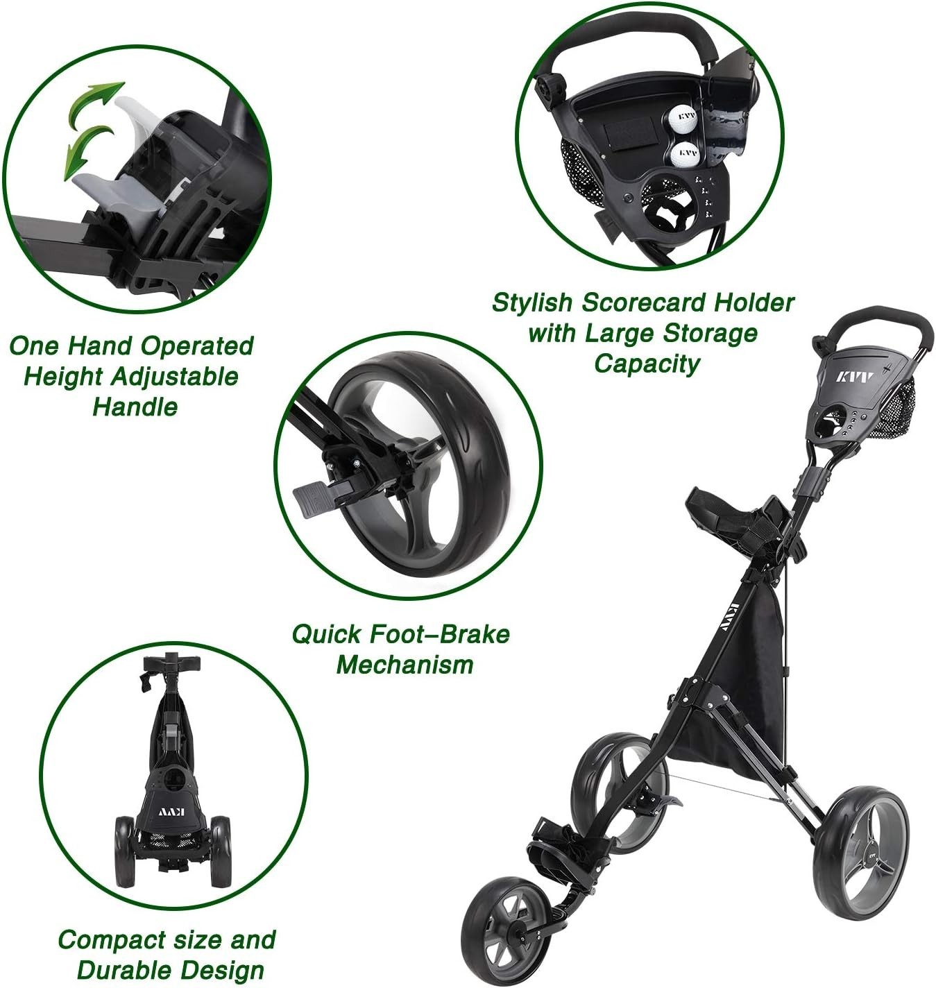 KVV Foldable Lightweight 3 Wheel Golf Cart with Stylish Scorecard Holder