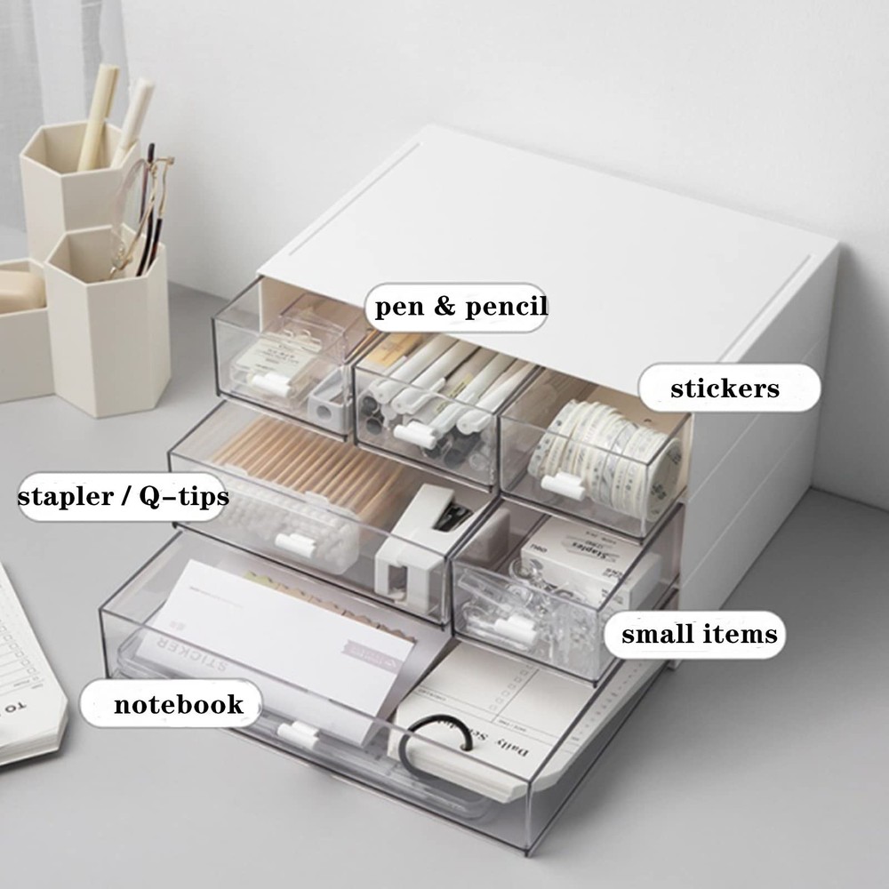 Lyellfe 3 Tier Small Desk Organizer with Drawer, Stackable Desktop Storage Bo...