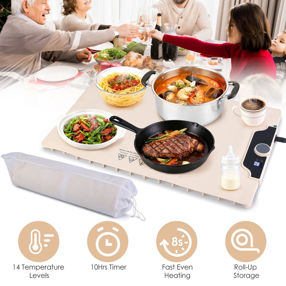 Electric Food Warming Tray Adjustable Temperature Timer Portable Heating Mat