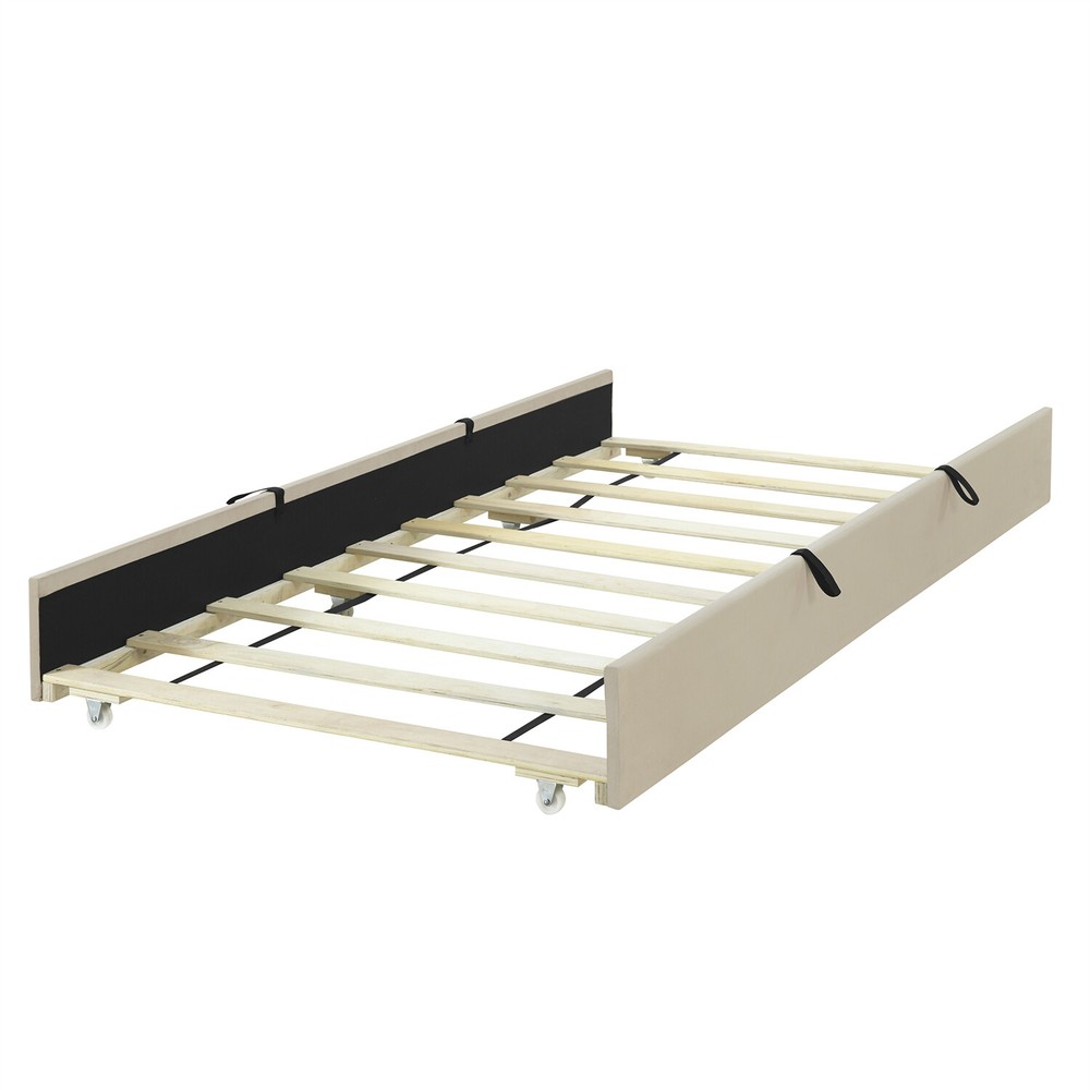 Twin Size Bed Frame Upholstered Platform Bed with Pull Out Trundle Beige/Pink