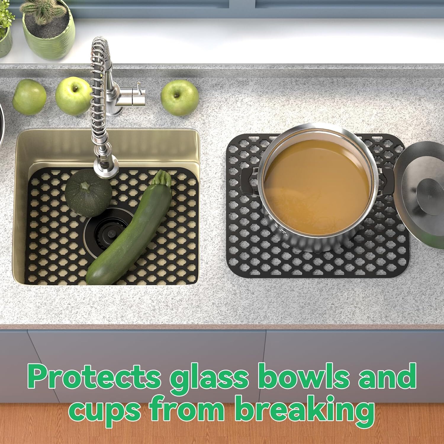 2 PACK Silicone Sink Mat Grid Kitchen Protector Folding Non-slip w/ Center Drain