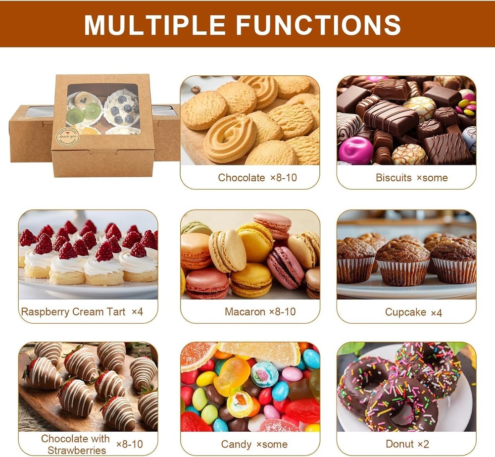 50 PCS Cupcake Boxes with Window, 6x6x3 Inch Cookie Boxes, Brown Bakery Conta...