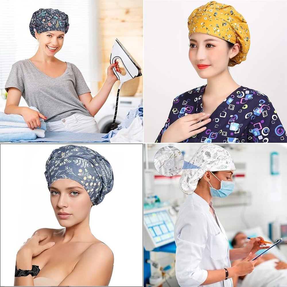 6 PCS Bouffant Scrub Caps Satin Lined, Adjustable, Button, Sweatband,Multi Color