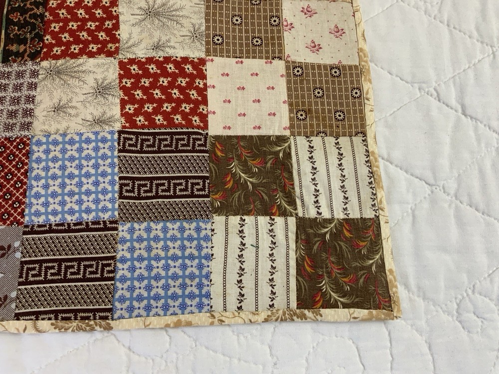 Antique Vintage Patchwork Quilt Table Topper, Four Patch, Early Calicos, Brown