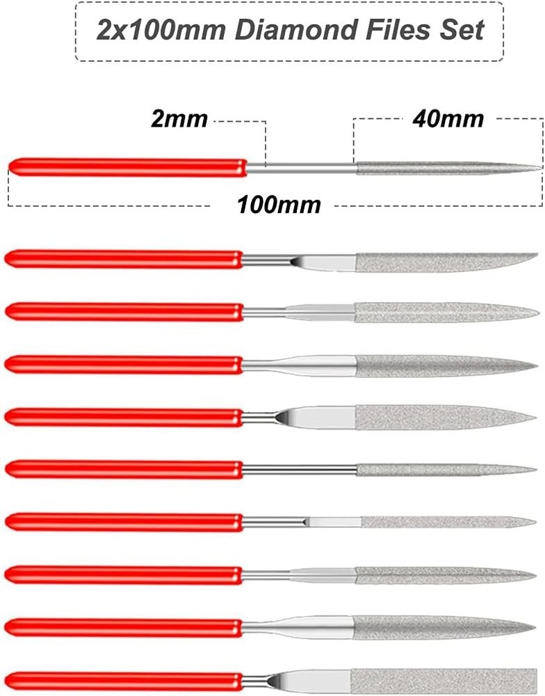 10 Pcs Mini Diamond Needle File Set Files 2x100mm, Red