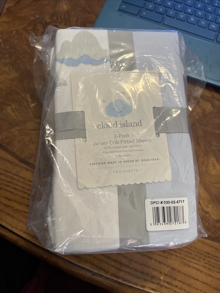 2 pk Cloud Island Jersey Fitted Crib Sheets White/Cloud Print &Solid Lt Blue