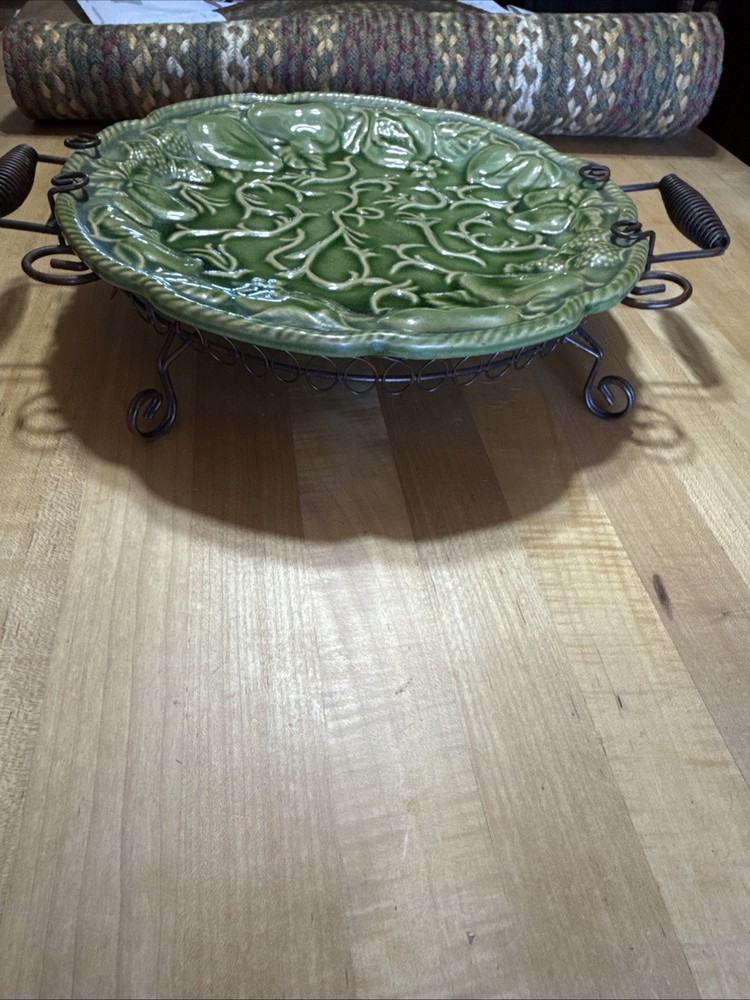 Vintage Embossed Green Fruit Ceramic Serving Platter With Wire Bronze Holder
