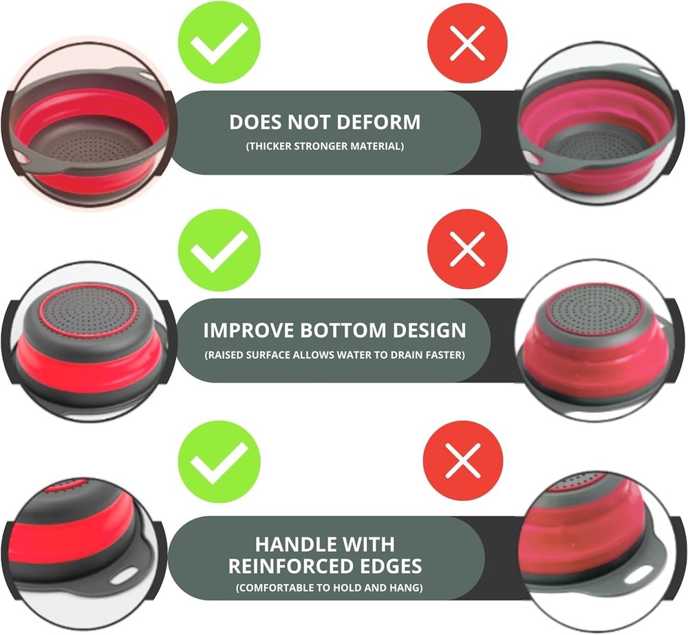 Red Round Silicone Collapsible Colander – Silicone Round Kitchen Strainers wi...