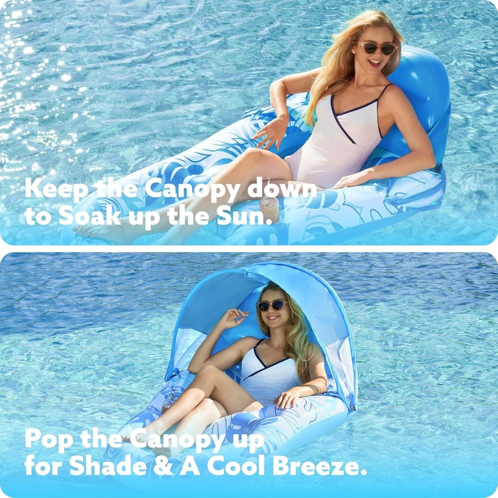 Inflatable Pool Float Lounger with Canopy Blue 60"x36" Cup Holders
