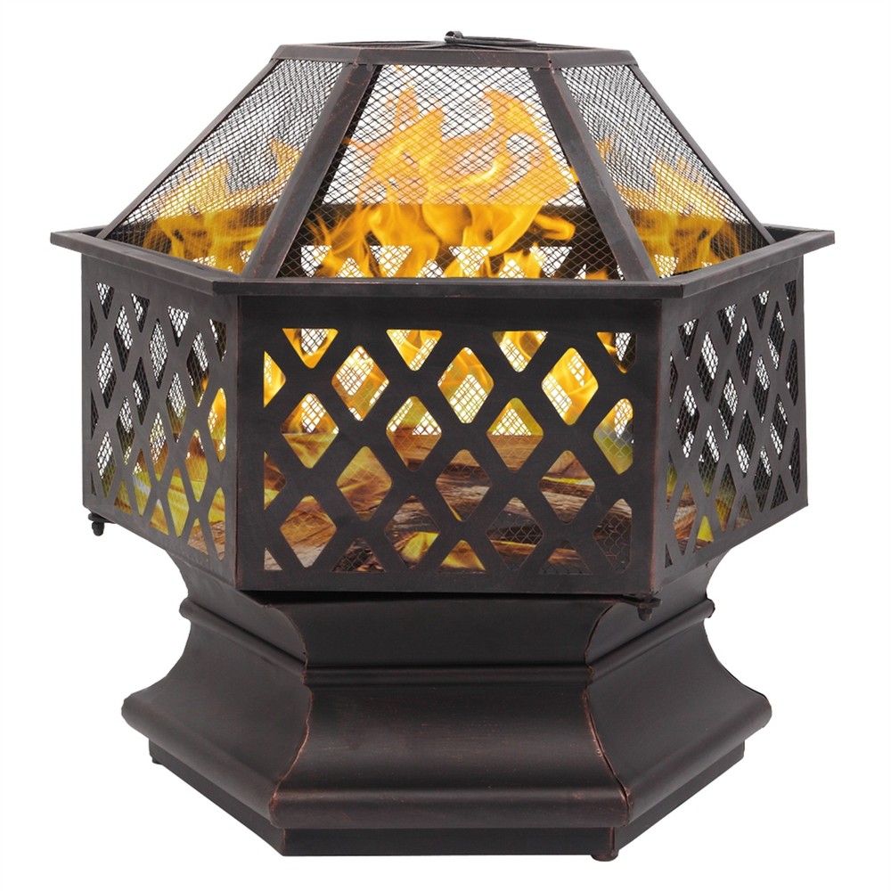 22" Hexagonal Shaped Iron Brazier Wood Burning Fire Pit Decoration