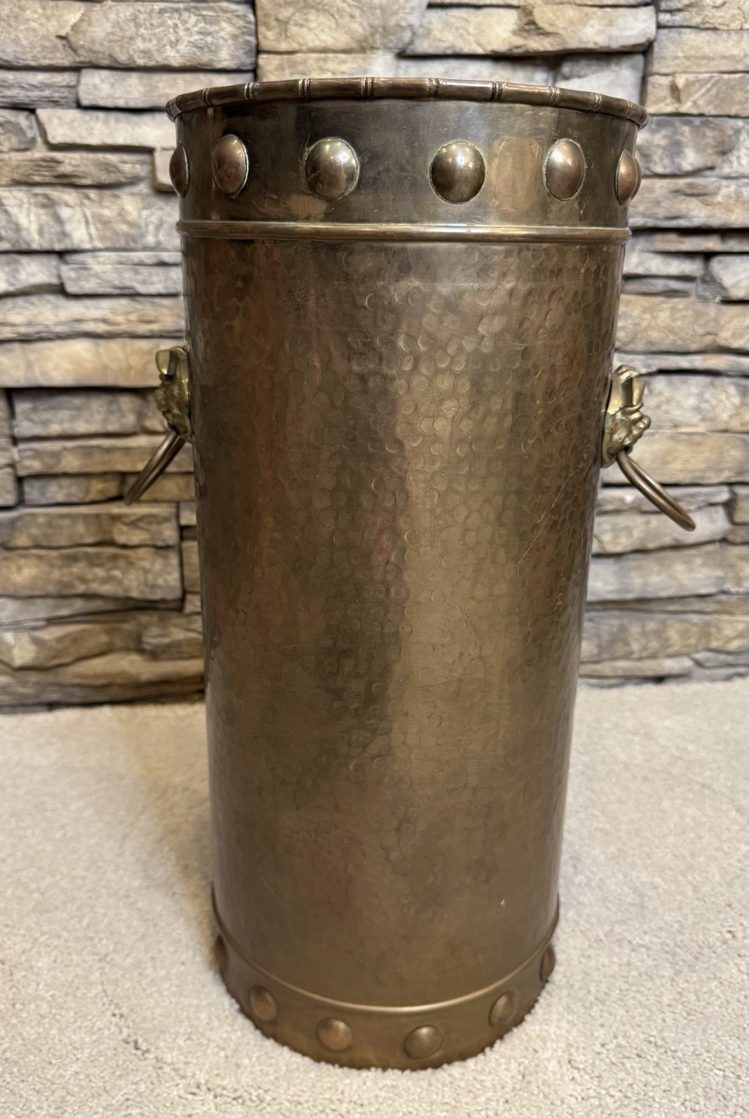 18" Tall Vintage Hammered Brass Umbrella Stand With Lion Head Handles Hong Kong