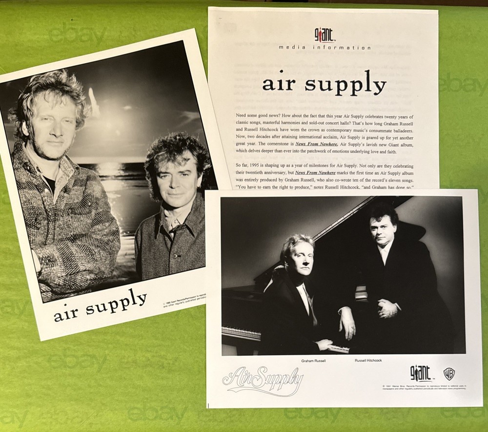 AIR SUPPLY 1995 NEWS FROM NOWHERE MEDIA PRESS KIT + 2 PROMO PHOTOS