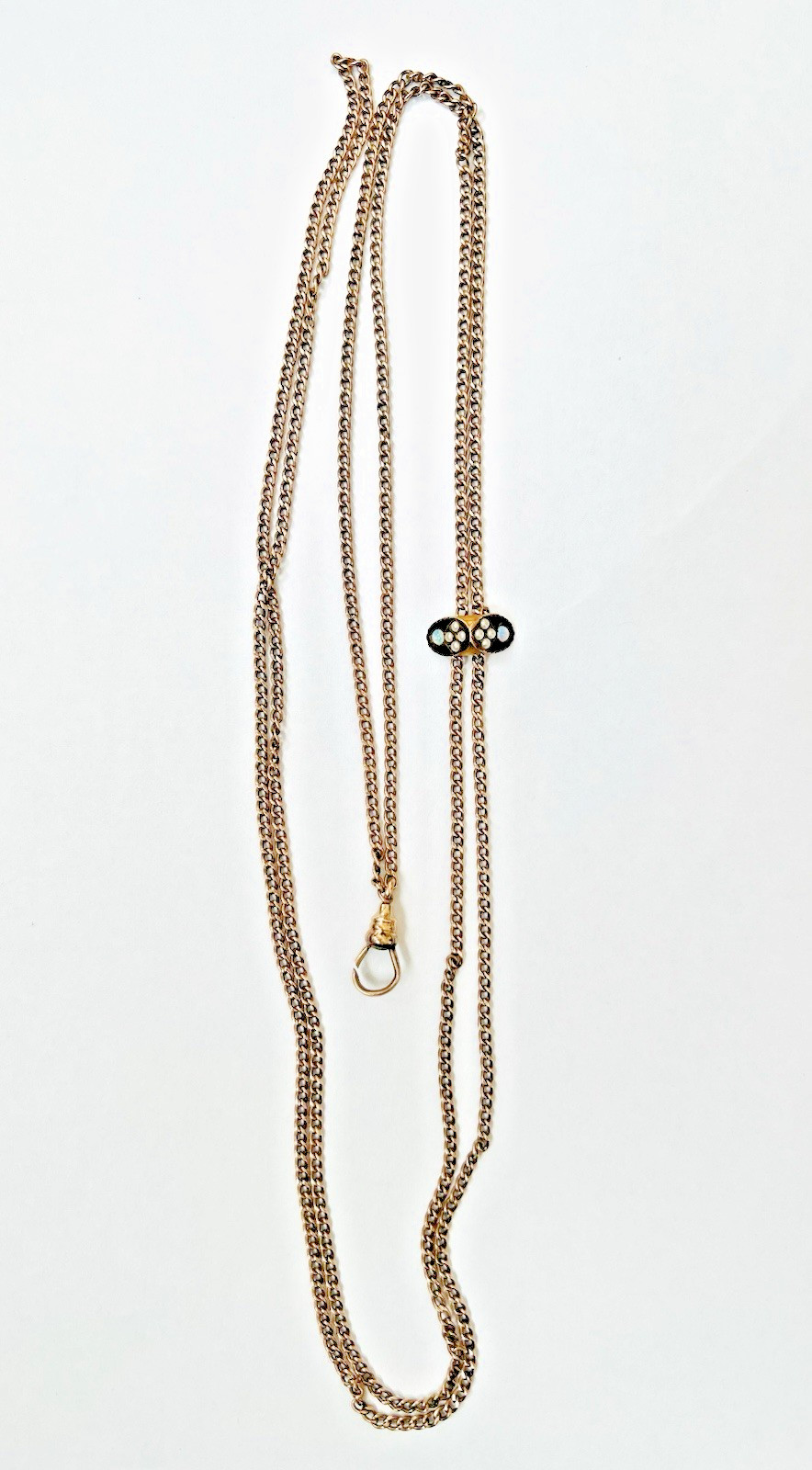 Victorian 46 In Ladies Gold Filled Watch or Muff Chain With Opal Slide Necklace