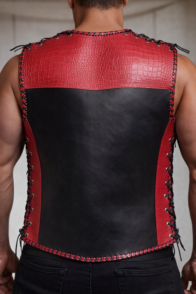Red Crocodile and black Plain pattern cowhide leather motorcycle vest