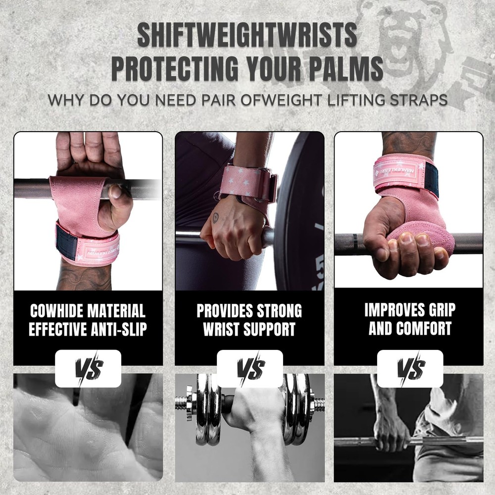 MANUEKLEAR Gym Straps, Double Leather Lifting One Size, Size - Pink