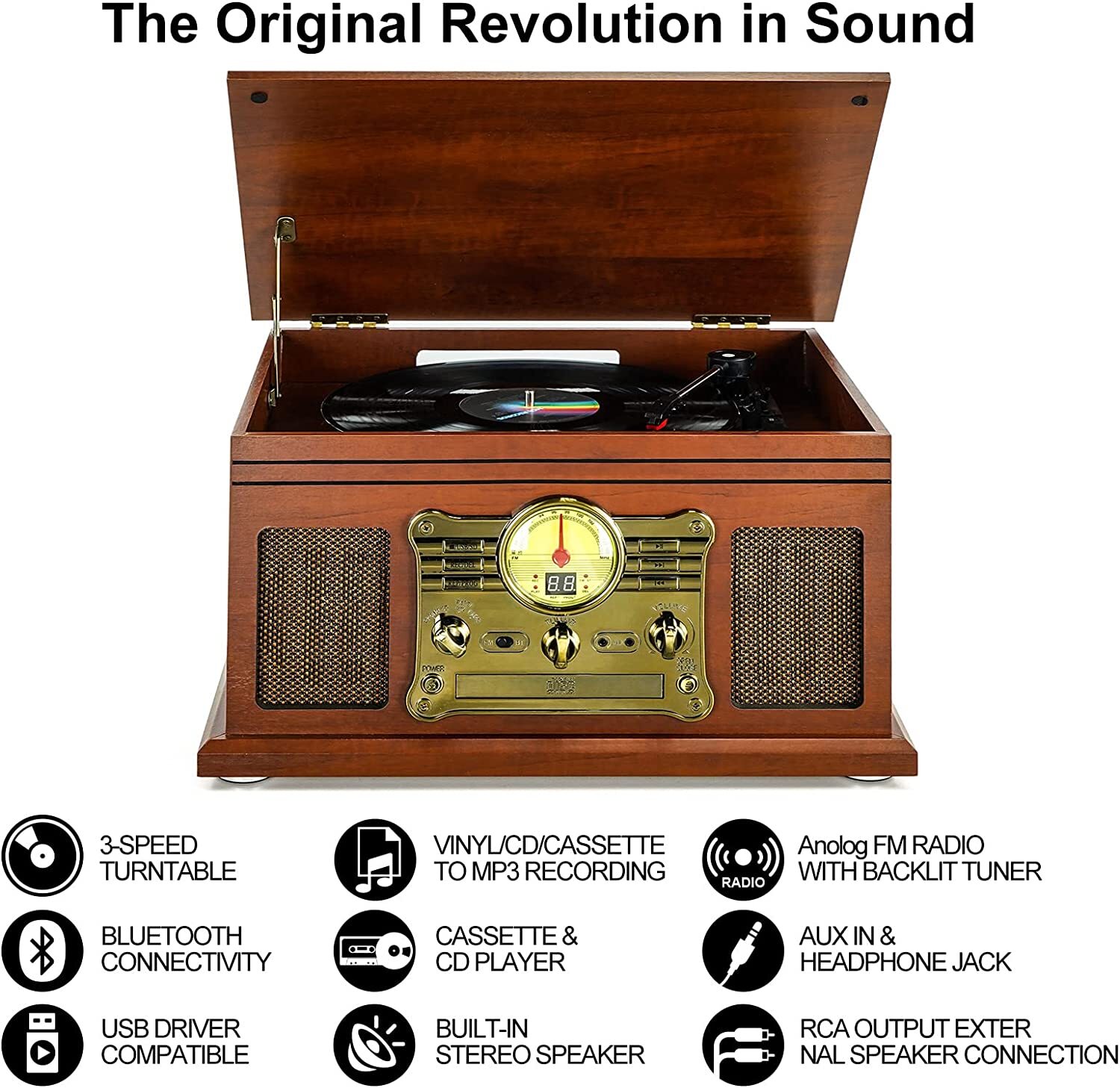 10-in-1 Bluetooth Record Player Multifunctional 3-Speed Turntable Vinyl Record