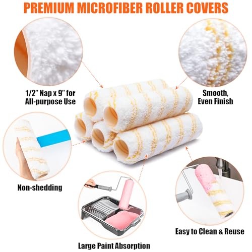 6pcs House Paint Roller Kit, 9 inch Extendable Roller Frame with 5 Microfiber