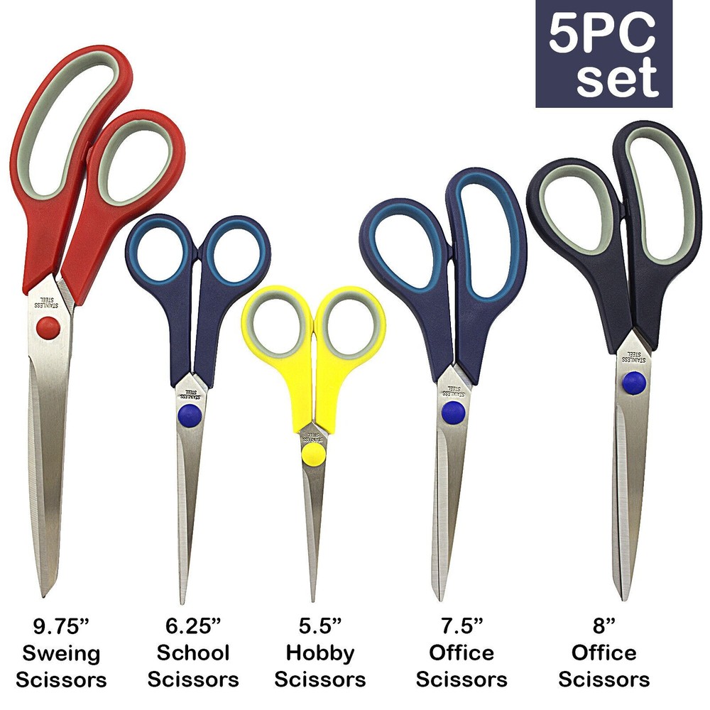 5 Piece Stainless Scissors Set Soft-grip Handle for School Office Multipurpose