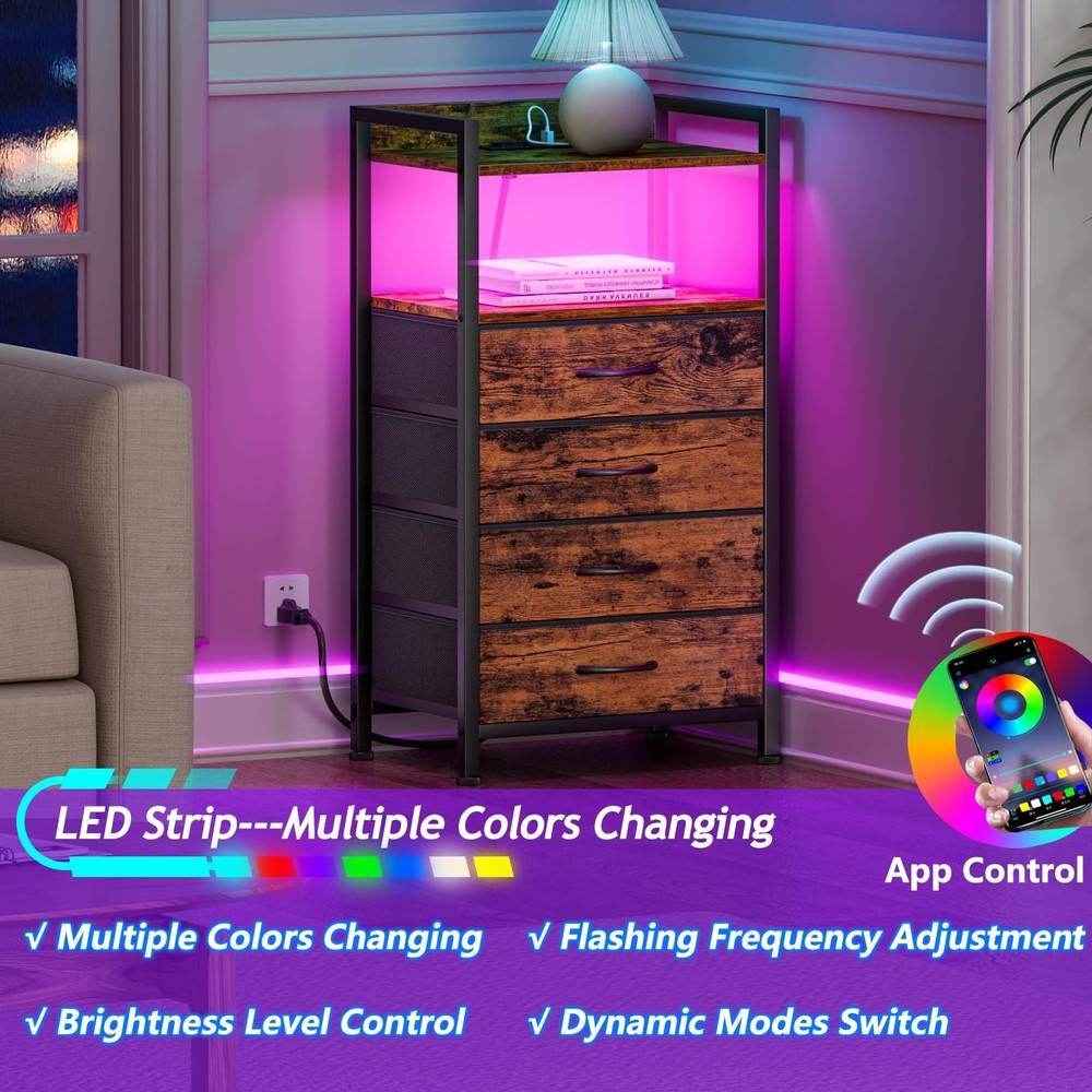 4-Drawer Nightstand w/ Charging Station LED - Rustic Brown Bedside Table
