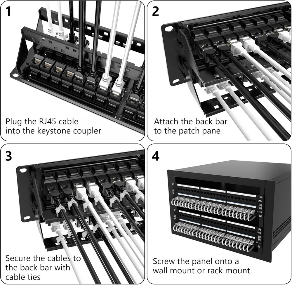 48 Port Cat 6 Patch Panel, 2U Rackmount/Wall Mount, 10Gbps Ethernet, UL Listed