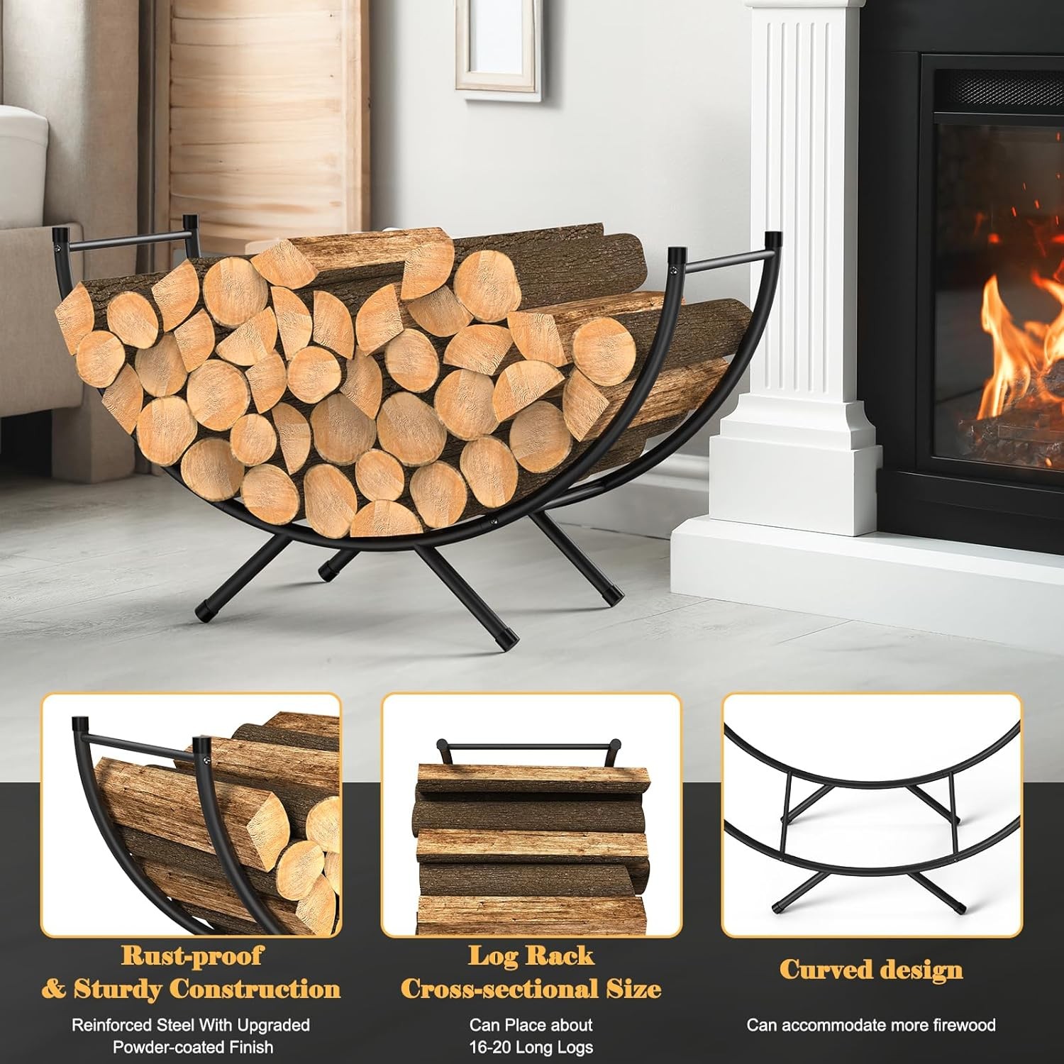 Curved Firewood Rack 33" Heavy Duty Metal Fireplace Log Holder Firewood Storage