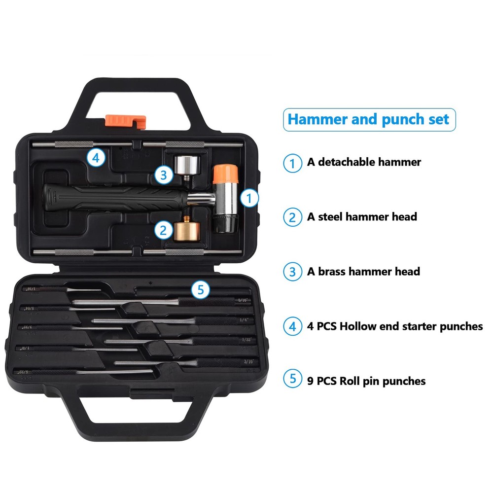 Roll Pin Punch Set 4 Interchangeable Hammer Heads Bench Block Storage Case