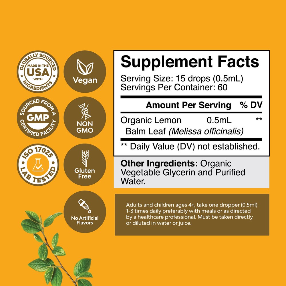 Organic Lemon Balm Leaf Liquid Extract for Immune Support 30mL