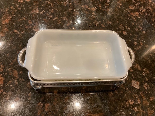 VTGSilverplate Pierced Footed Vtg Casserole Holder Stand w/Anchor Hocking Insert