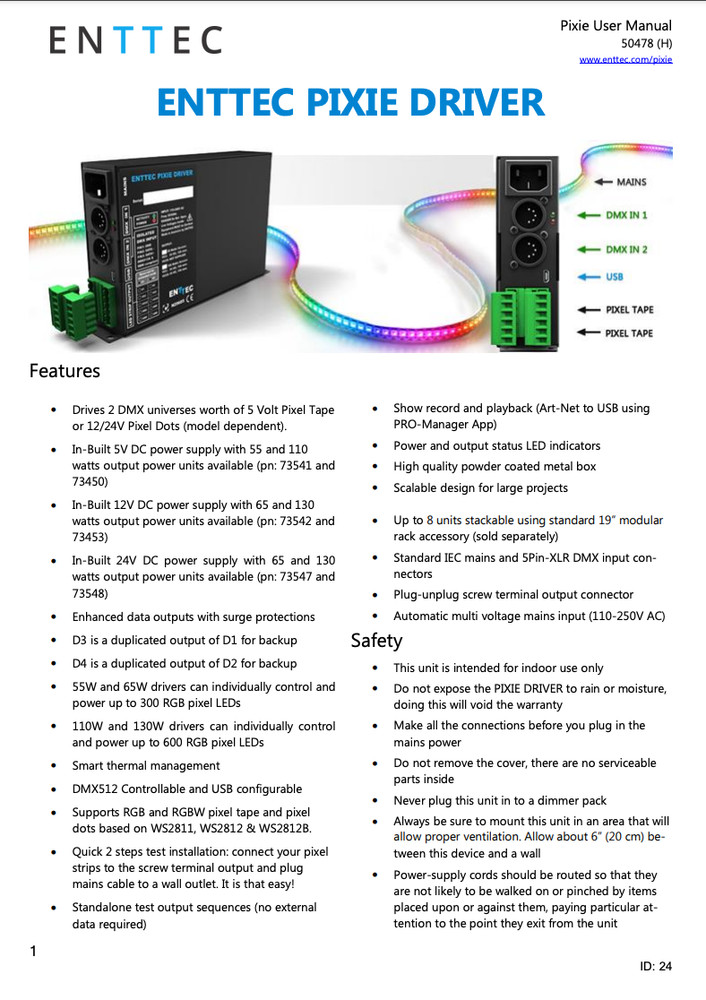 ENTTEC PIXIE DRIVER 5v 55 Watts DMX LED Light Driver