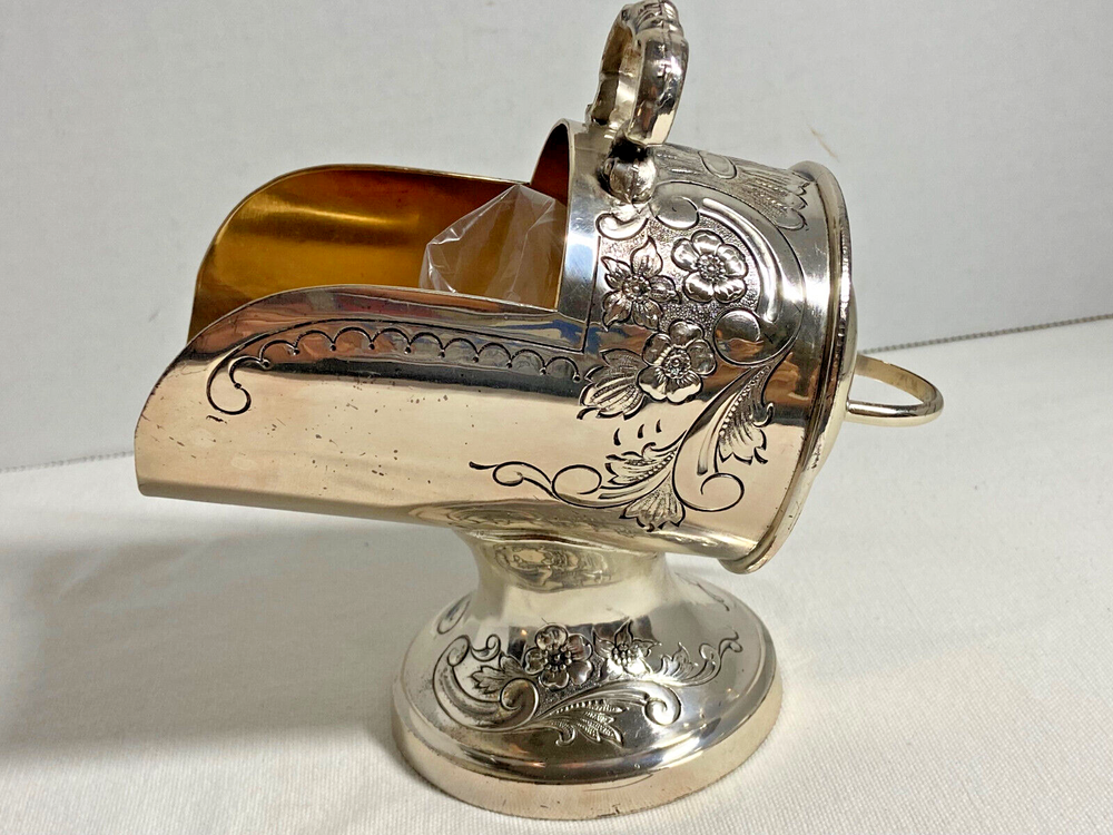Vintage Silver Plate Ornate Floral Etching Pedestal Sugar Scoop Scuttle W/Scoop