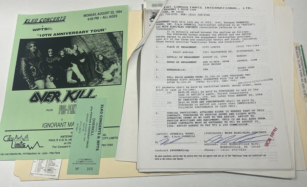 Overkill Concert Contract 1994 Pittsburgh PA