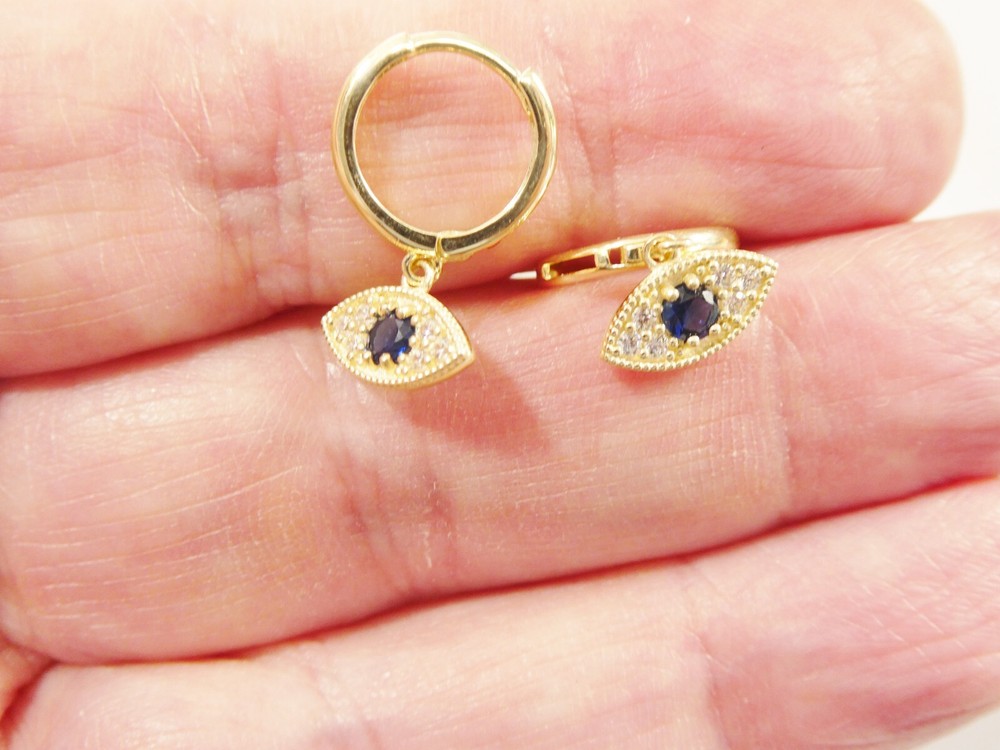 10K REAL SOLID YELLOW GOLD SAPPHIRE EVIL EYE DROPPING HOOP EARRING