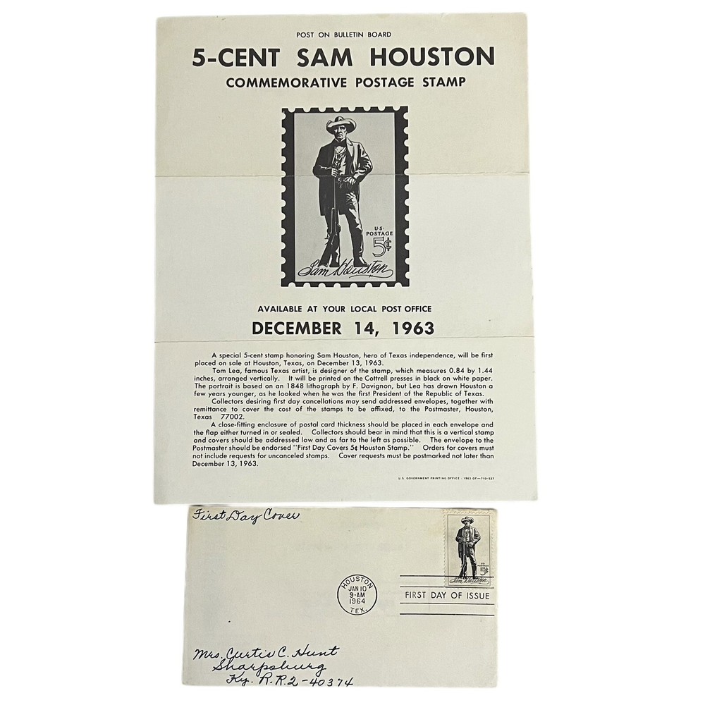 Vtg 1963 US Post Office Bulletin Board Stamp Poster Flyer 5 cent Sam Houston