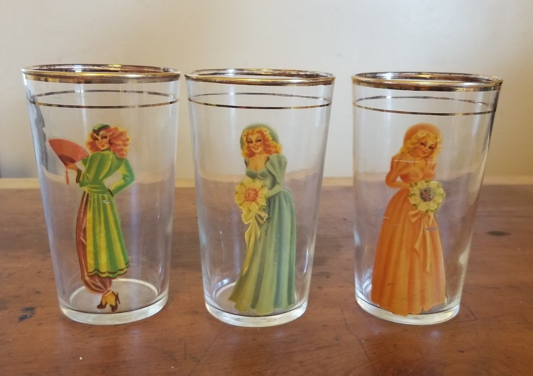 Set of 3 Vintage 1940s Peek-A-Boo Decal Pin Up Lady Girl Highball Glasses