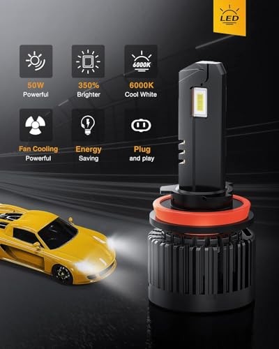 H11 Headlight Replacement Bulb, 500% Brighter, 6000K Cool White High