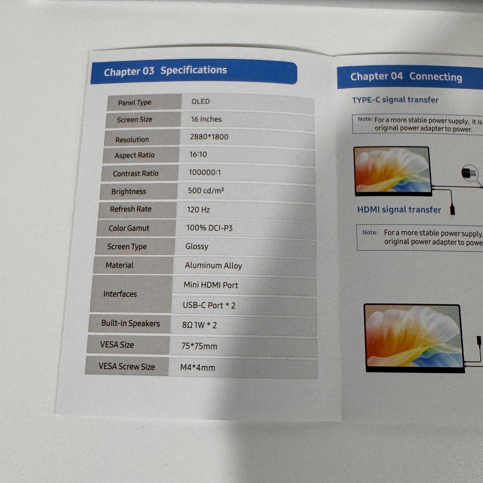 OLED Portable Monitor 16” 3K 120Hz 0.1ms, 500 Nits, 100% DCI-P3, Ultra-Slim