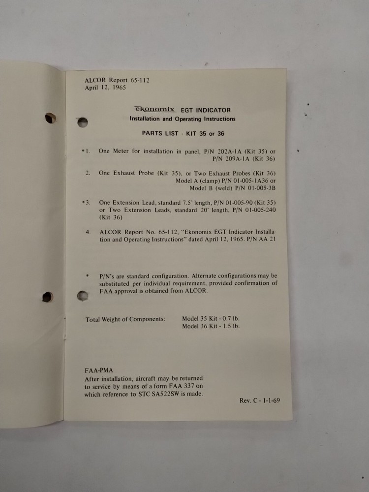 Alcor Inc. Alcor Ekonomix EGT Indicator Installation & Operating Instructions