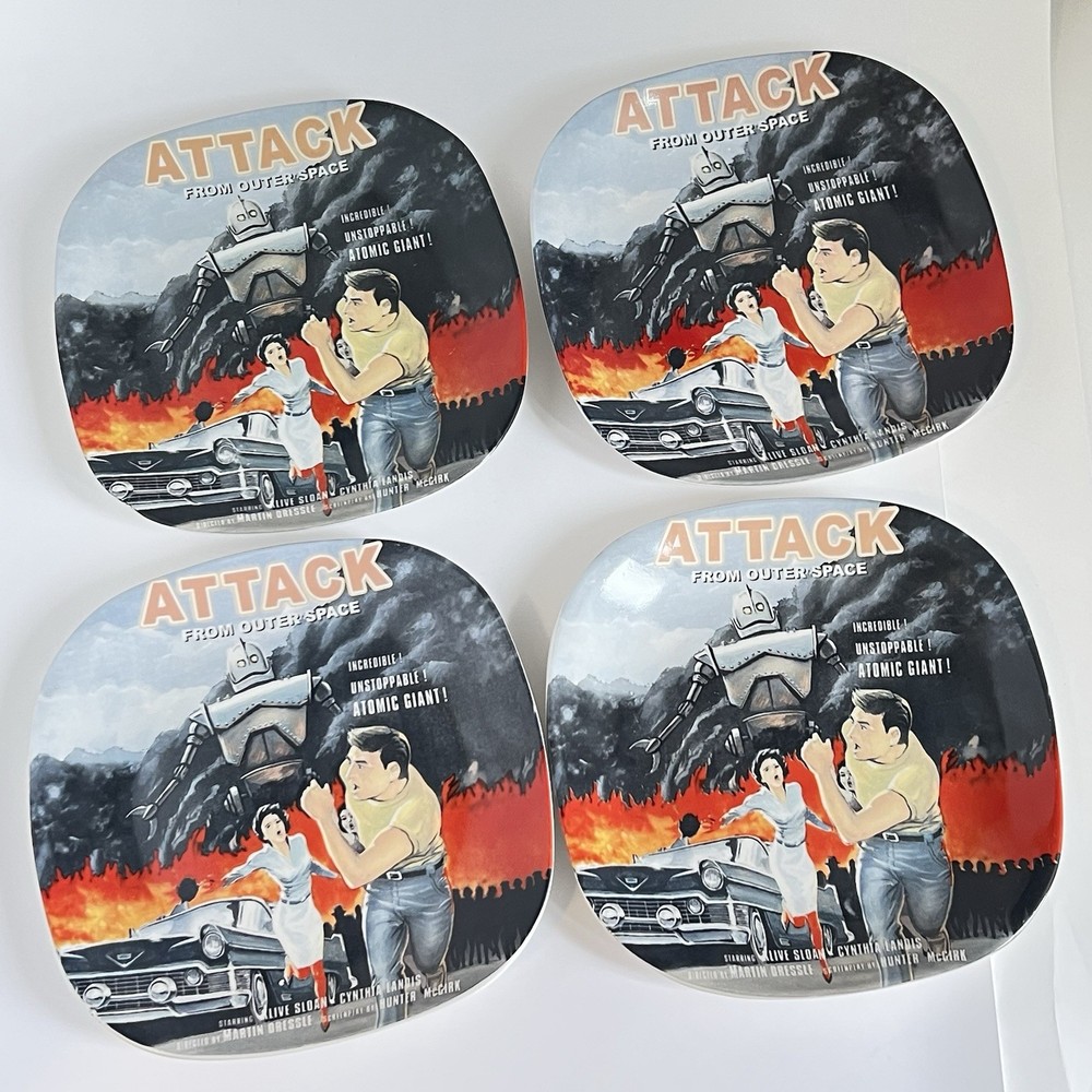 4 Mulberry Collection Attack From Outer Space Plates Retro Sci-Fi Movie Poster
