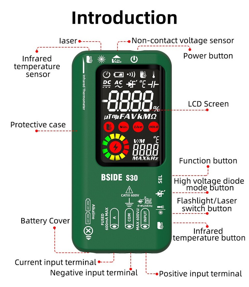 BSIDE S30 LCD Digital Multimeter DC AC Voltage Current Ohm Rechargeable TesterRE