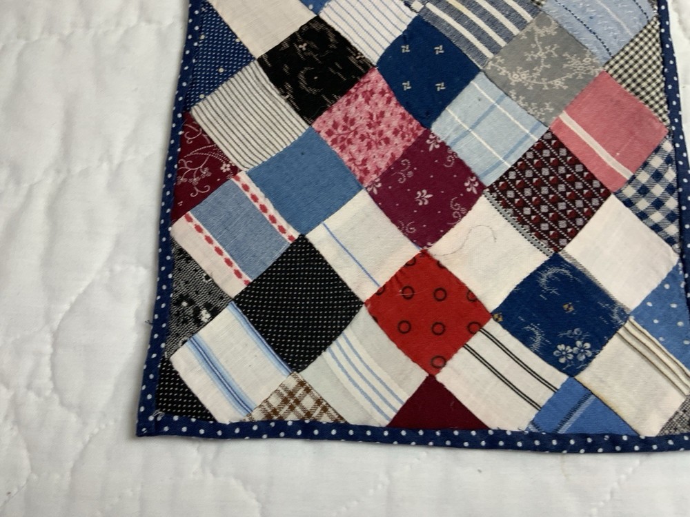 Vintage Patchwork Quilt Table Topper, Four Patch, Early Calico Prints, Blue, Red
