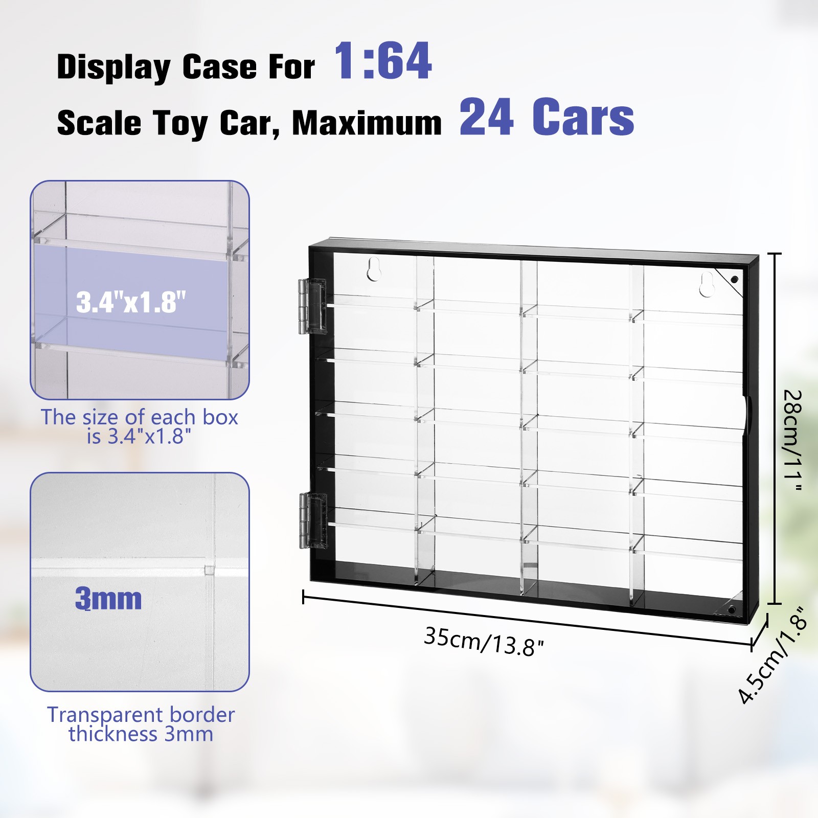 24-Slot 1/64 Scale Toy Car Display Case for Hot Wheels Matchbox w/ Magnetic Door
