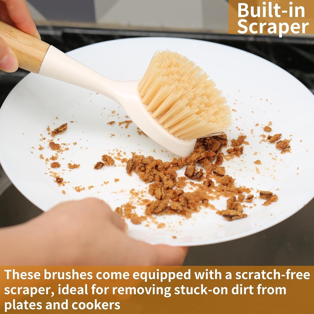 2 Pack Kitchen Dish Brush Bamboo Handle Dish Scrubber Built-in Scraper, Scrub
