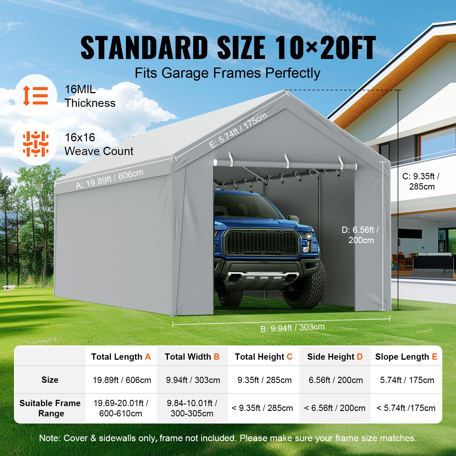 VEVOR Carport Replacement Canopy Car Shelter Top+Side 10x20ft Frame Not Included