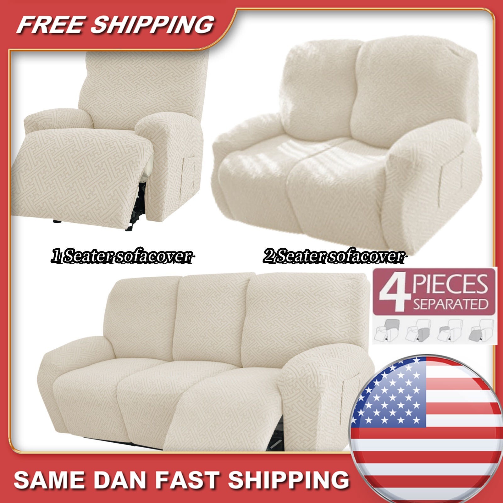 1/2/3 Seater Elastic Recliner Sofa Cover Stretch Armchair Covers Couch Slipcover