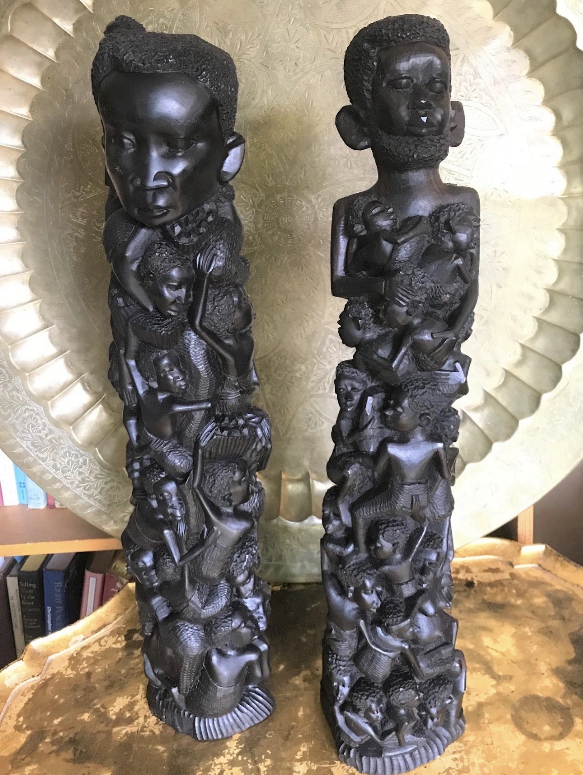 Antique Pair of EBONY MALE & FEMALE MAKONDE . “Tree of Life” STATUES . 24"+ TALL
